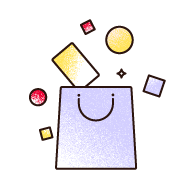 Illustration einer lilafarbenen Einkaufstasche mit bunten Elementen – Text daneben: 'Riesen-Auswahl – Über 100.000 Produkte.'